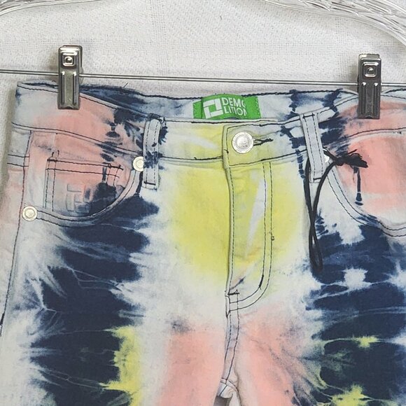 Demolition Acid Wash Tie Dye Pink Blue Yellow Stretch Cotton Denim Shorts Sz 10 - Picture 2 of 16